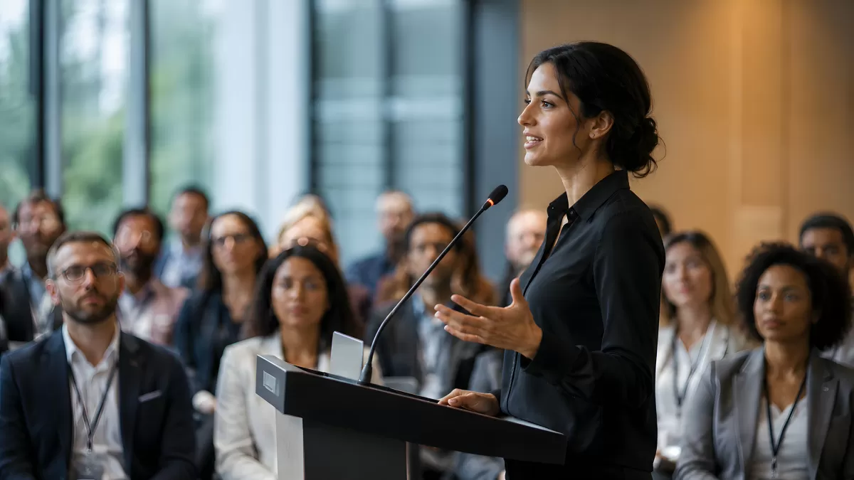 Frau präsentiert Vortrag auf Konferenz vor Publikum