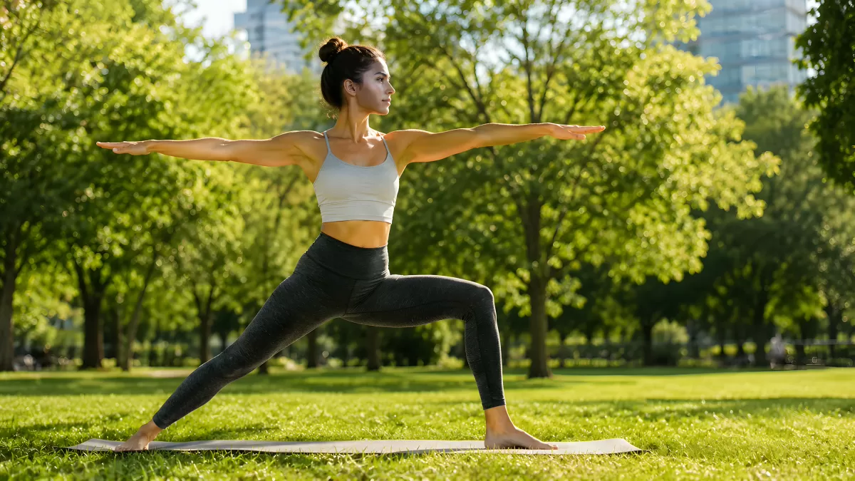 Frau praktiziert Krieger-Pose im sonnigen Stadtpark — Bild kostenlos herunterladen