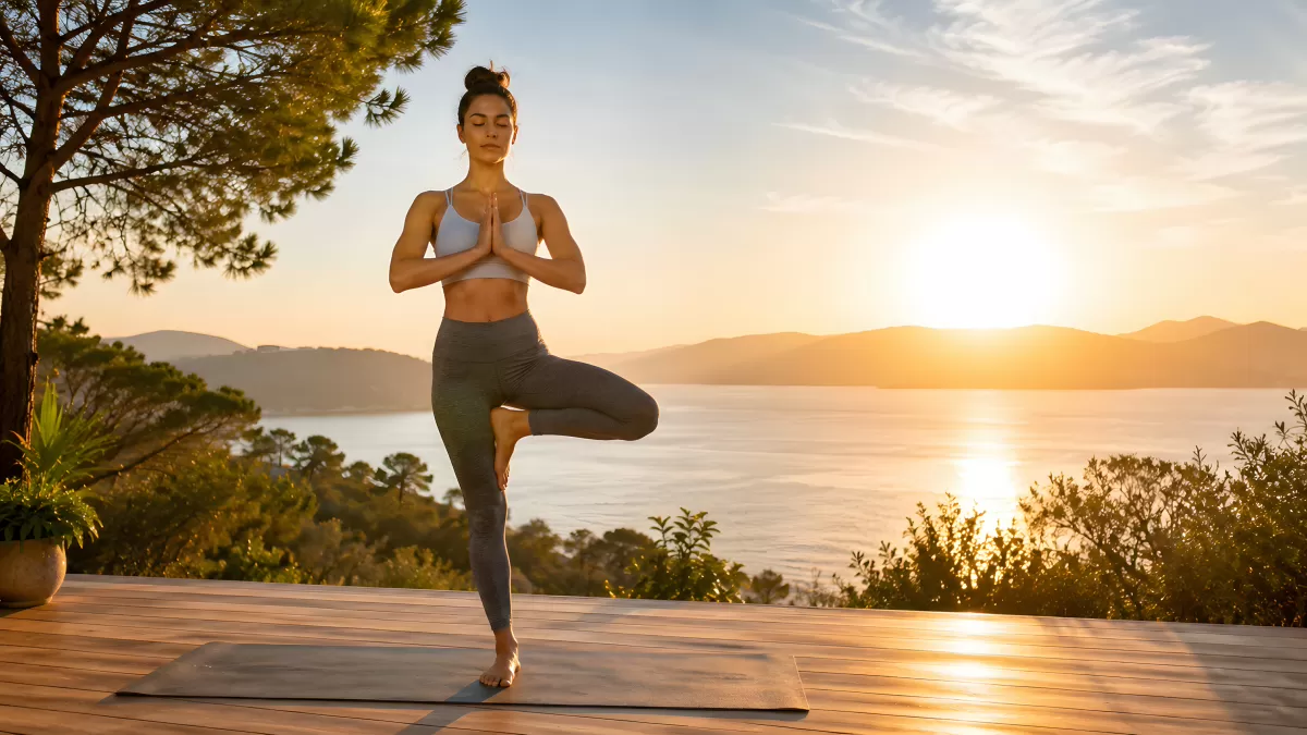 Frau praktiziert Yoga-Baum auf Holzterrasse bei Sonnenuntergang