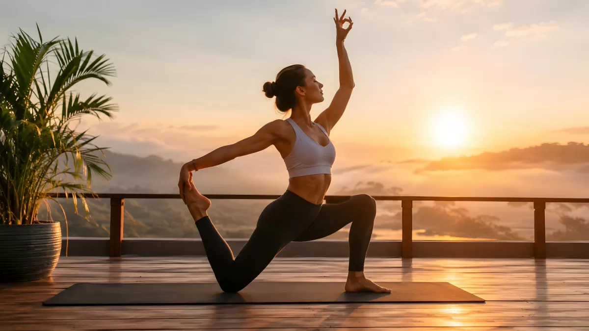 Frau praktiziert Yoga bei Sonnenaufgang auf Terrasse
