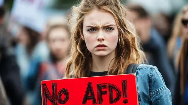 Frau protestiert entschlossen mit 'No AfD!'-Schild