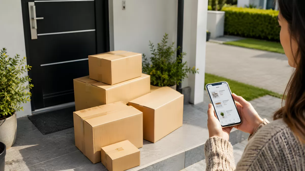 Frau prüft Bestellungen per App nach Paketzustellung