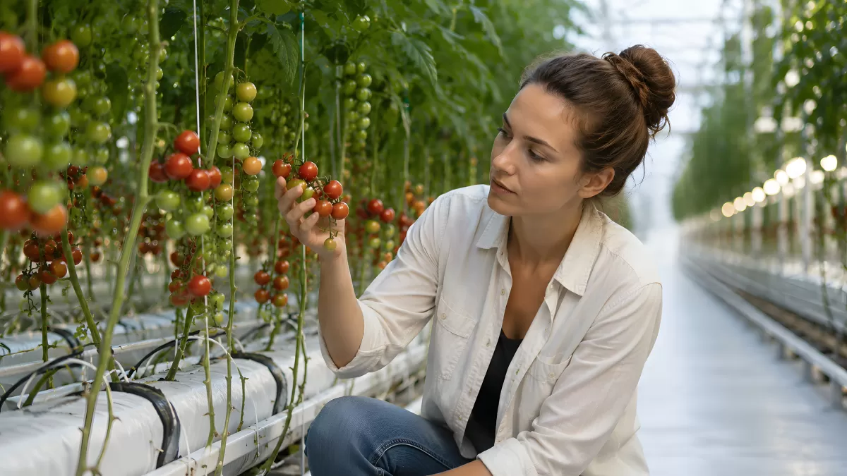 Frau prüft Kirschtomaten im Gewächshaus