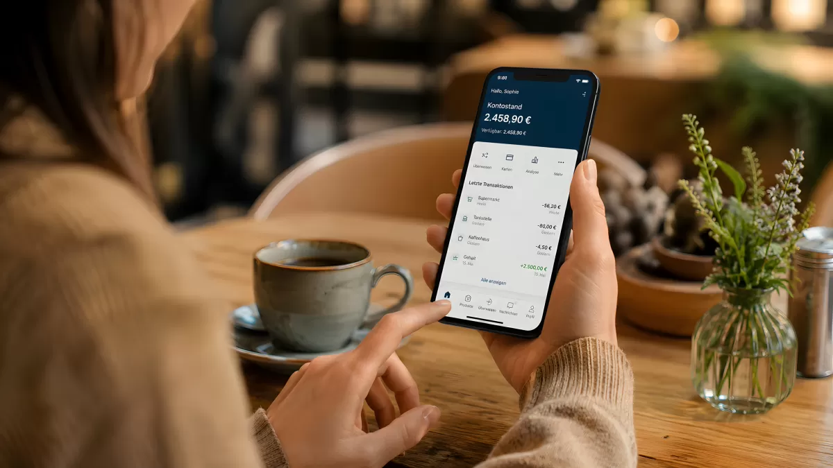 Frau prüft Kontostand in Banking-App im Café