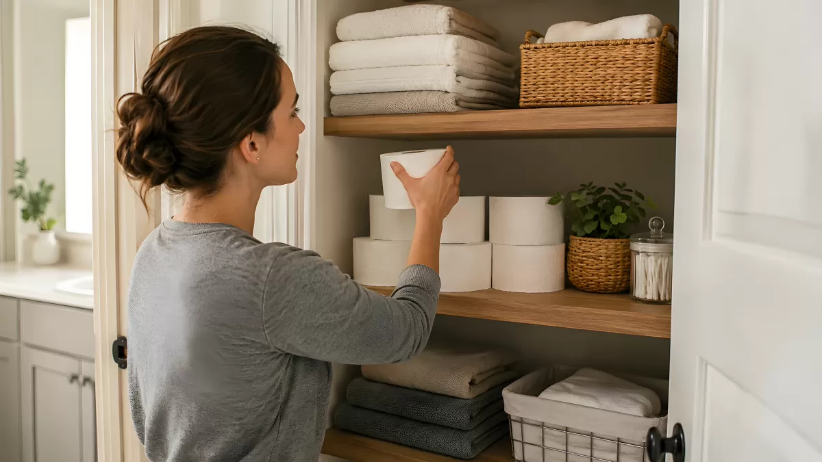 Frau räumt Toilettenpapier in Badezimmerschrank ein