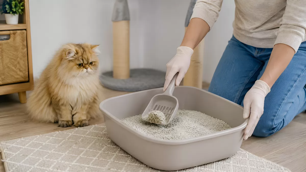 Frau reinigt Katzenklo mit Schaufel neben Perserkatze