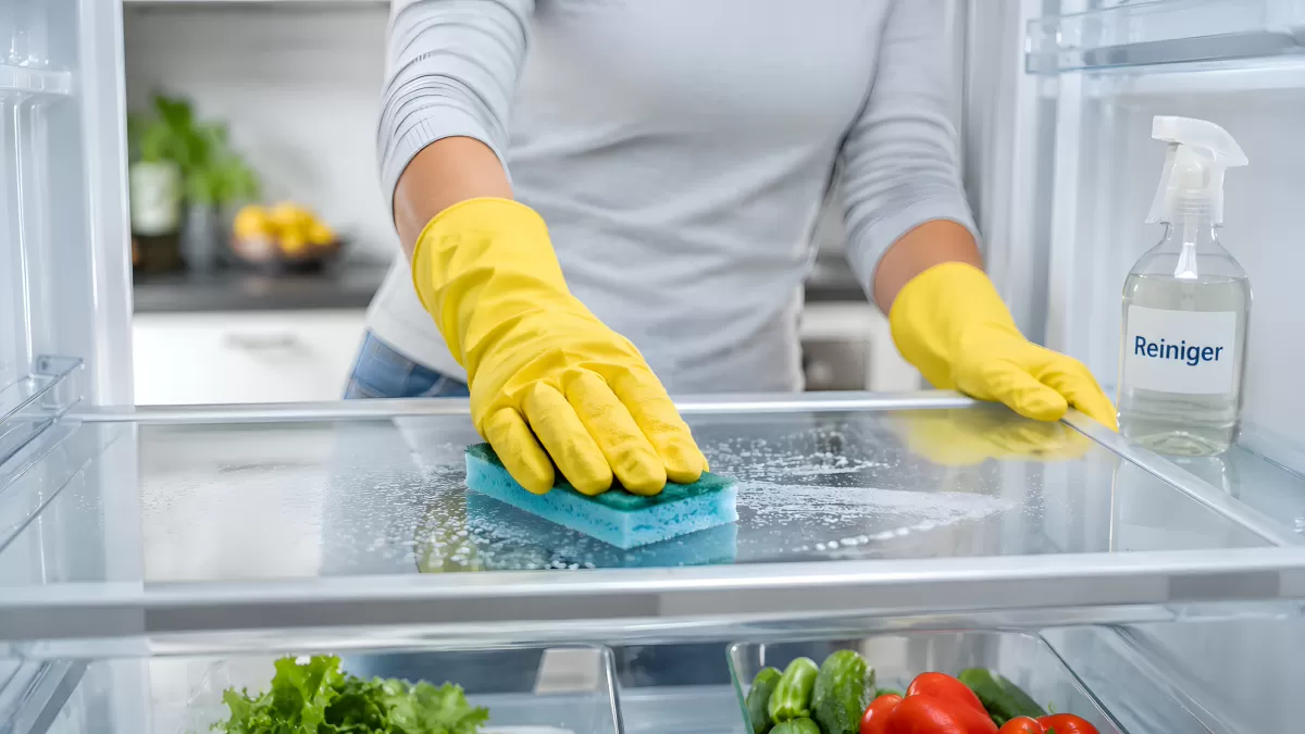 Frau reinigt Kühlschrankregal mit Schwamm und Handschuhen