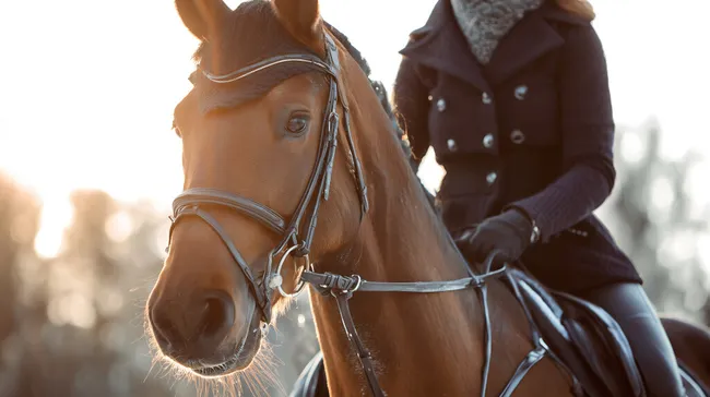Frau reitet auf einem Pferd im Sonnenlicht