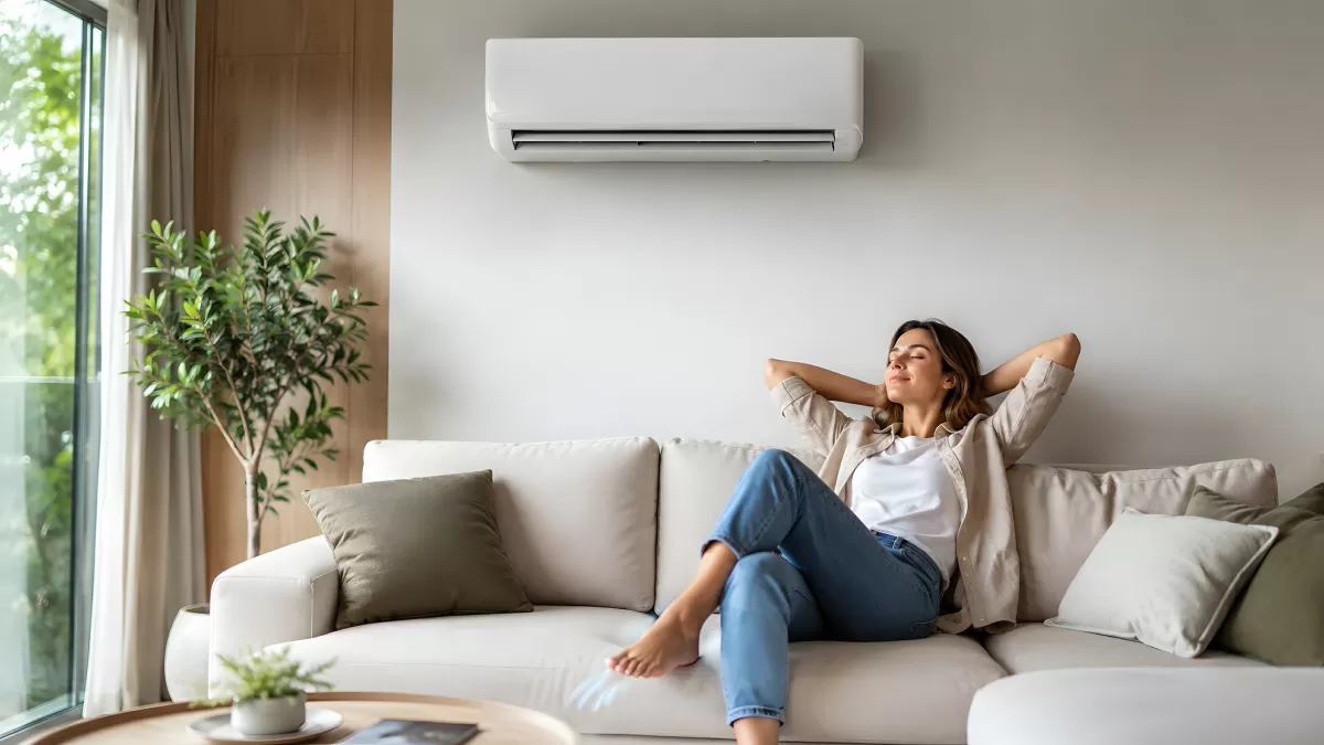 Frau relaxt zuhause auf Sofa unter Klimaanlage