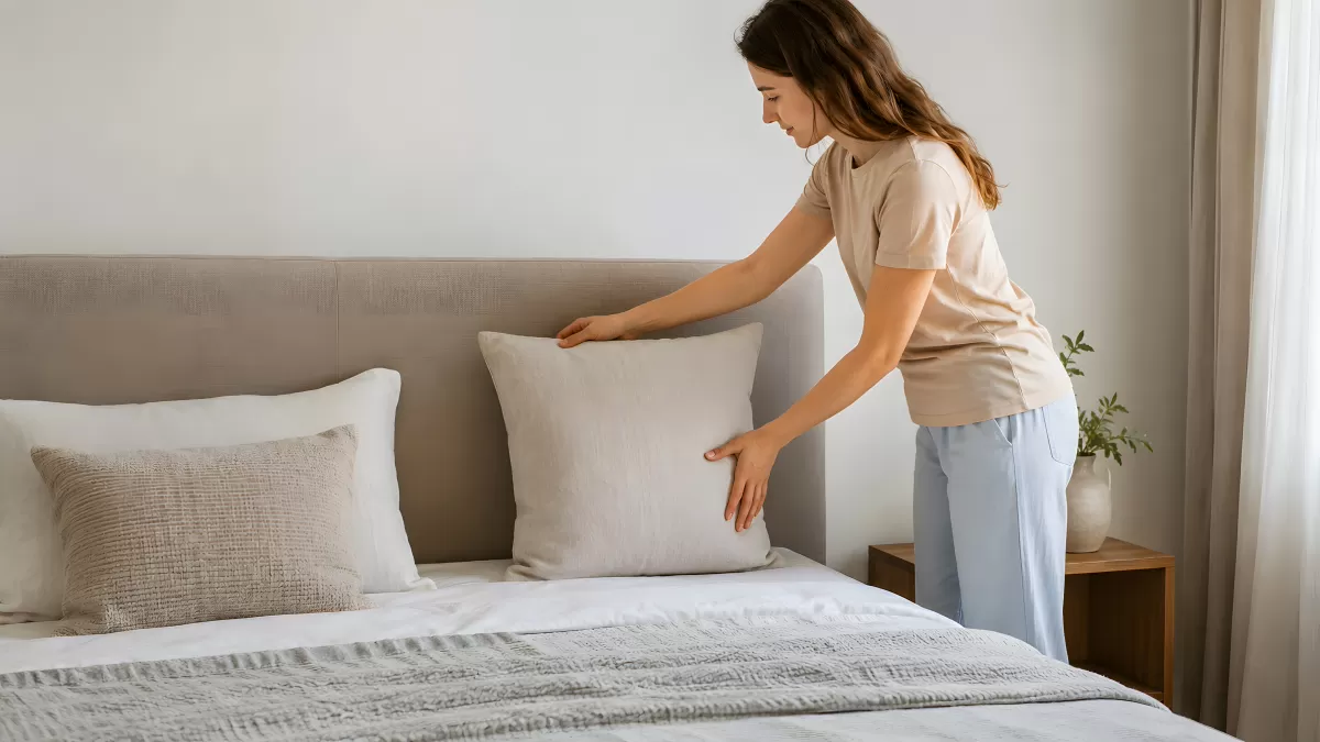 Frau richtet Kissen auf gepflegtem Bett im Schlafzimmer