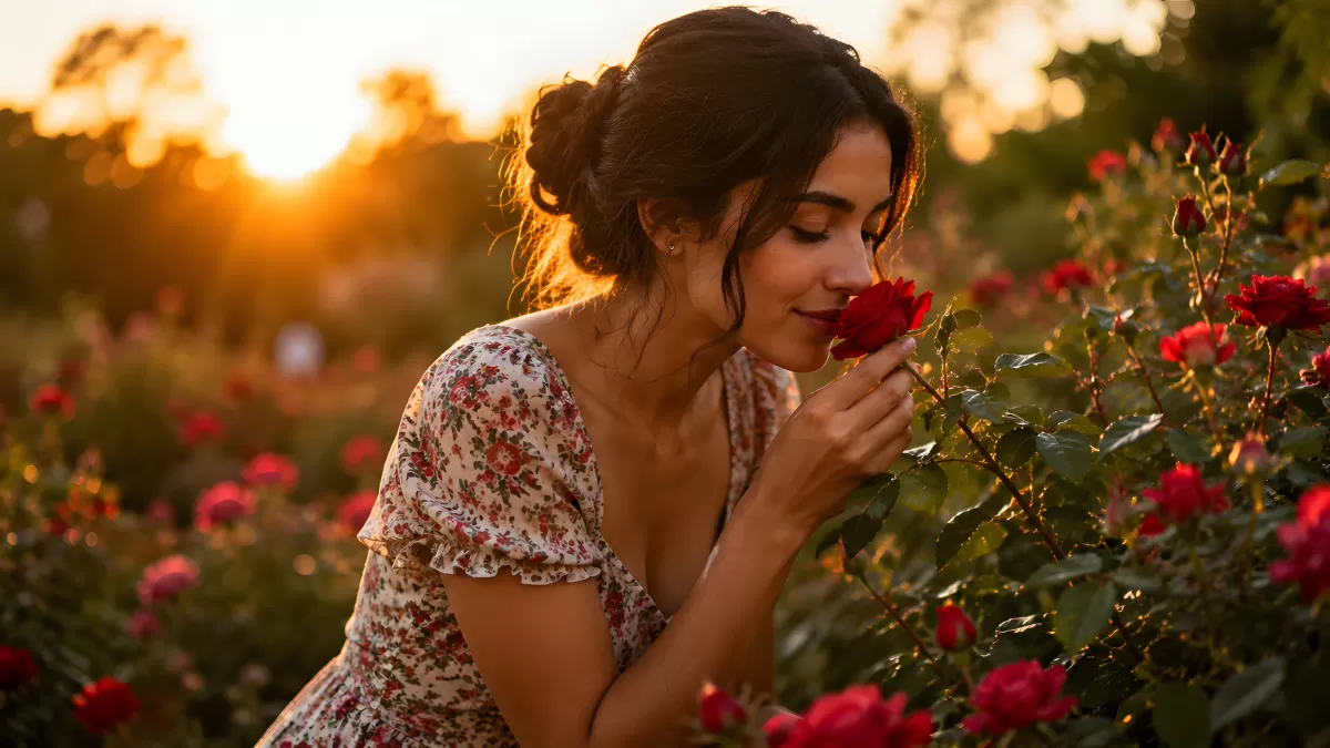 Frau riecht an roter Rose im Sonnenuntergang
