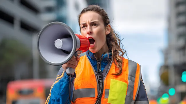 Frau ruft durch Megafon bei Demonstration auf der Straße