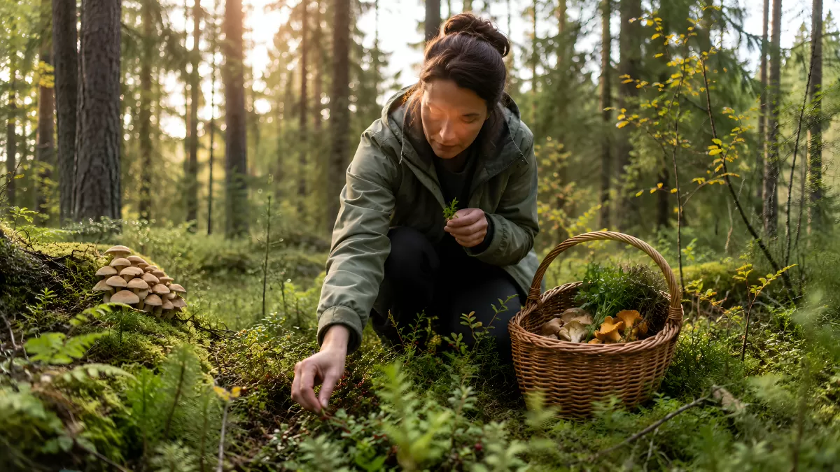 Frau sammelt Pilze und Beeren im Herbstwald