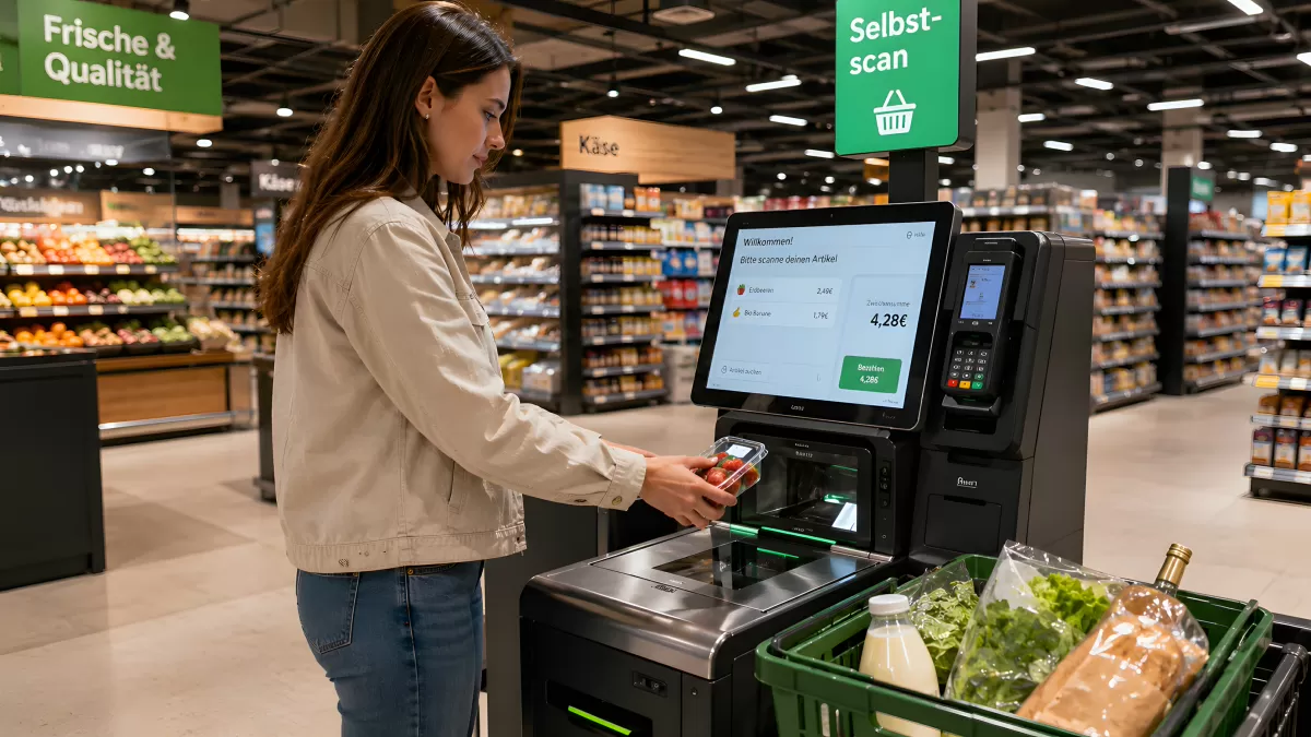 Frau scannt Erdbeeren am Selbstbedienungskasse im Supermarkt