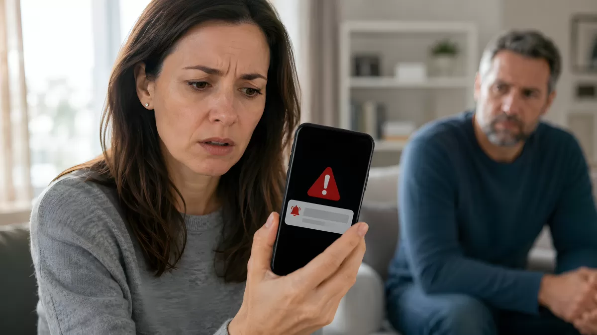 Frau schaut besorgt auf Smartphone mit Warnmeldung