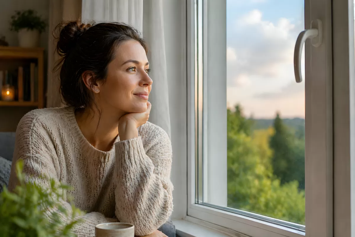 Frau schaut nachdenklich aus dem Fenster ins Grüne
