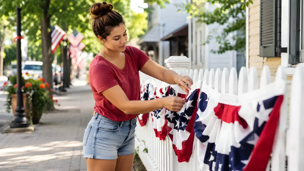 Frau schmückt weißen Zaun mit amerikanischen Flaggen