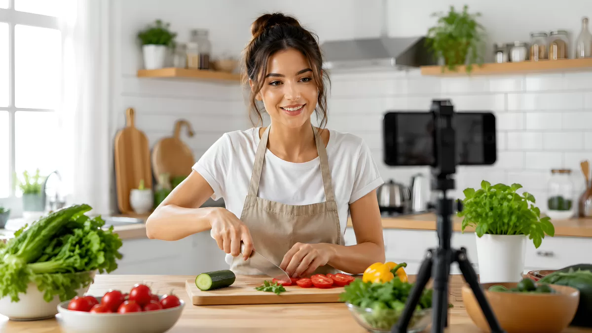Frau schneidet Gemüse und filmt sich beim Kochen