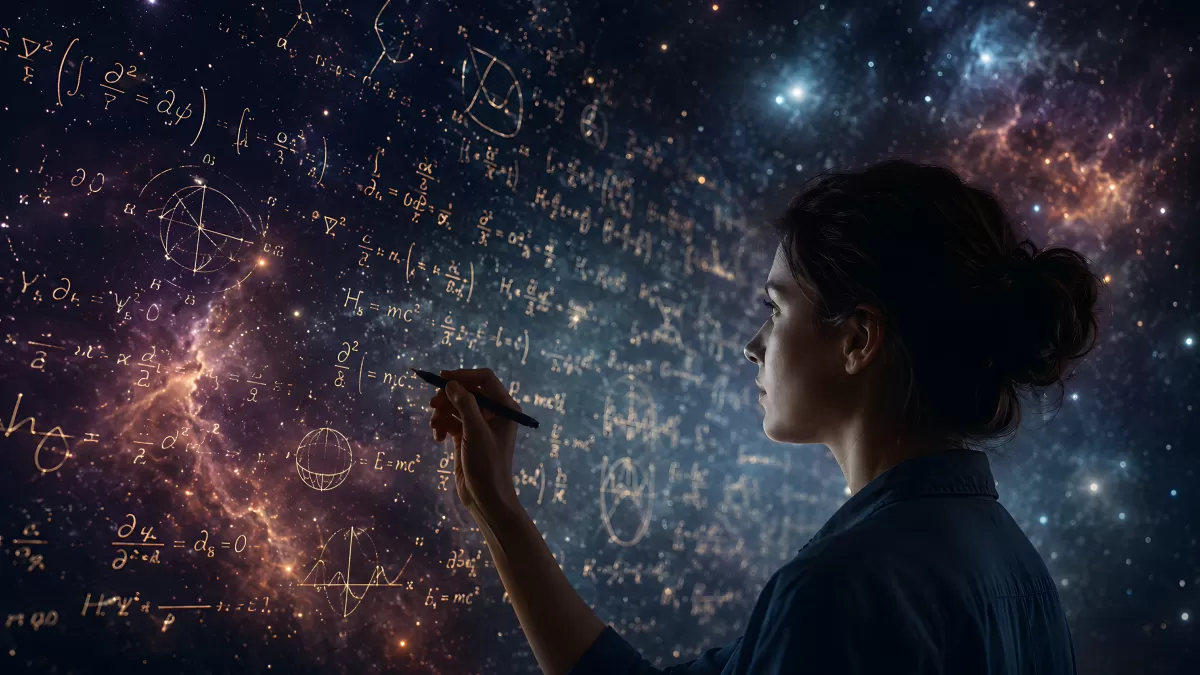 Frau schreibt Formeln vor galaxienartigem Sternenhimmel
