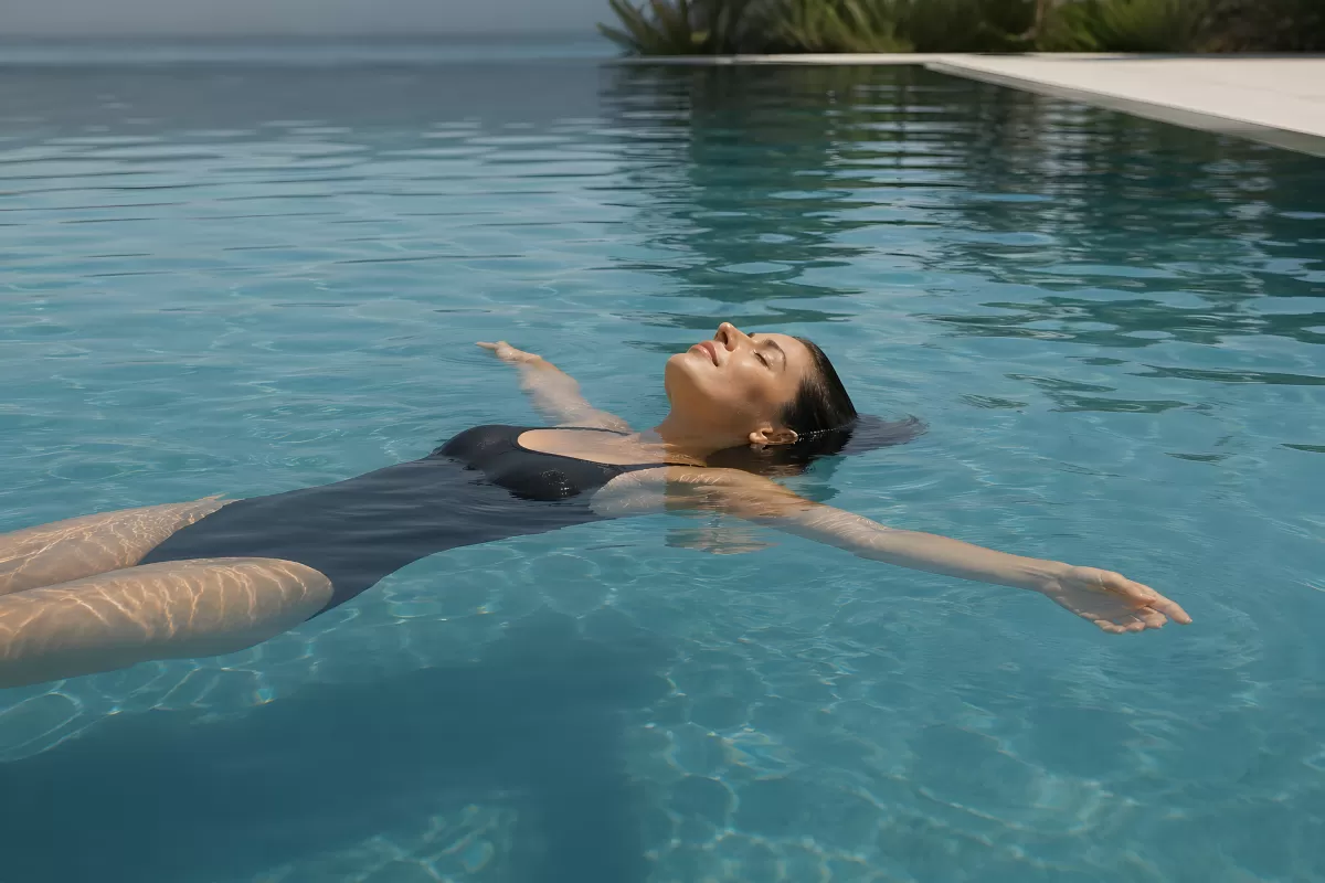 Frau schwebt entspannt in türkisem Infinity-Pool