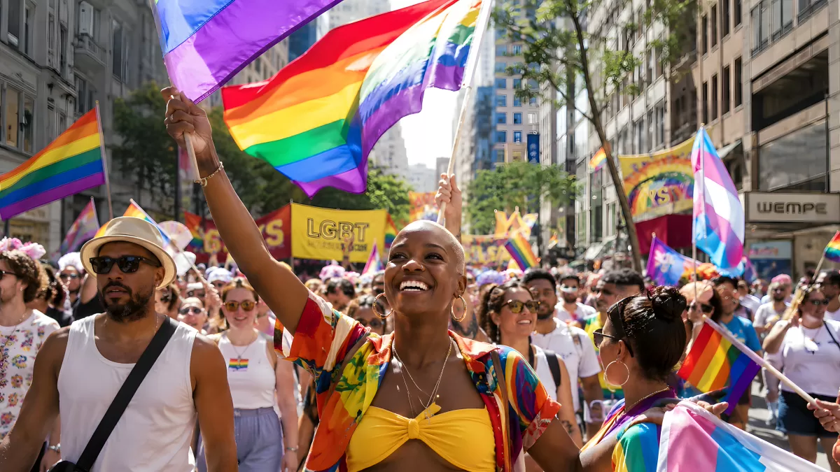 Frau schwenkt Regenbogenfahne beim Pride Umzug