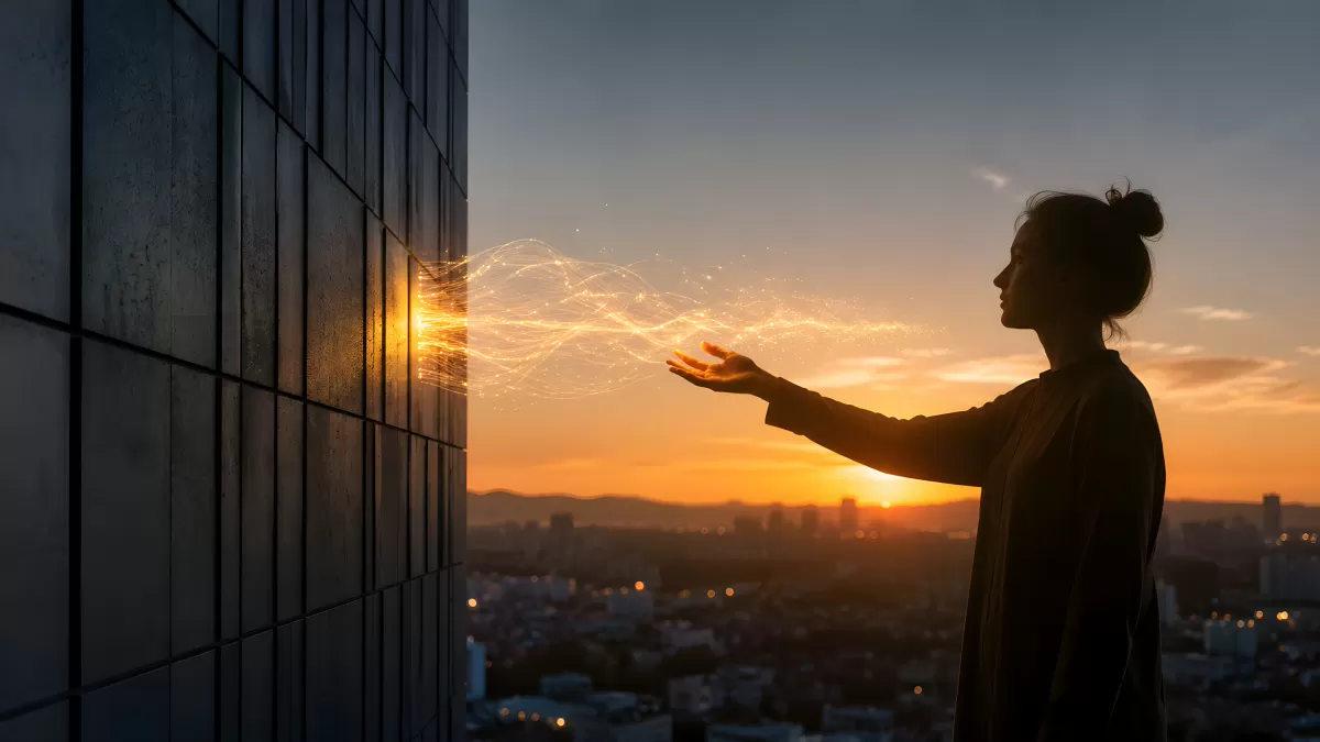 Frau sendet Lichtenergie an Hochhausfassade bei Sonnenuntergang