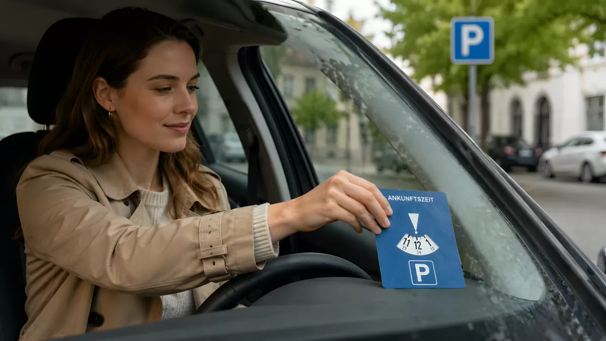 Frau setzt Parkscheibe im Auto auf Ankunftszeit