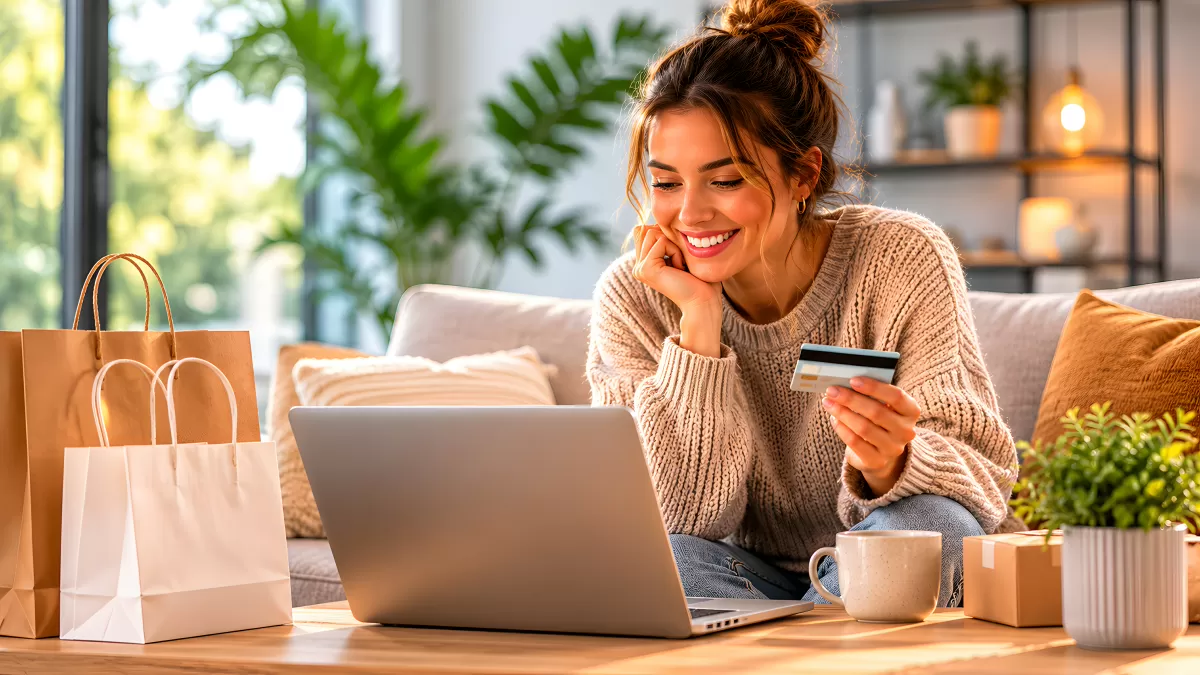 Frau shoppt online mit Kreditkarte am Laptop