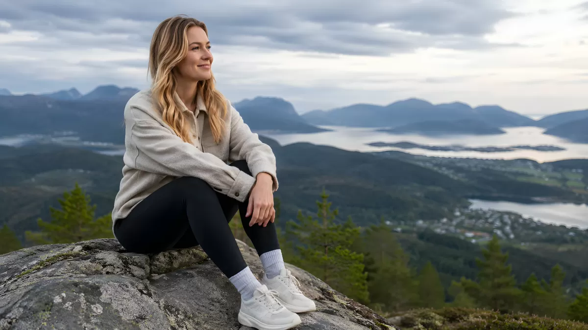 Frau sitzt auf Felsen mit Fjordpanorama im Hintergrund
