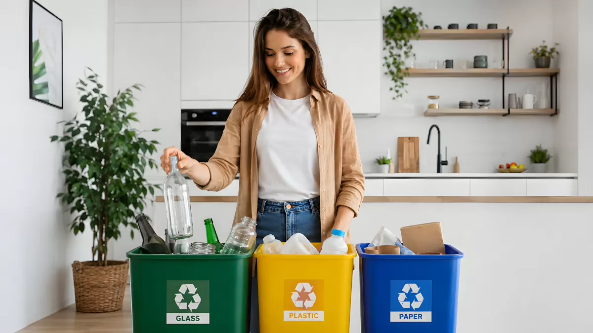 Frau sortiert Glasflaschen in Recyclingbehälter zuhause