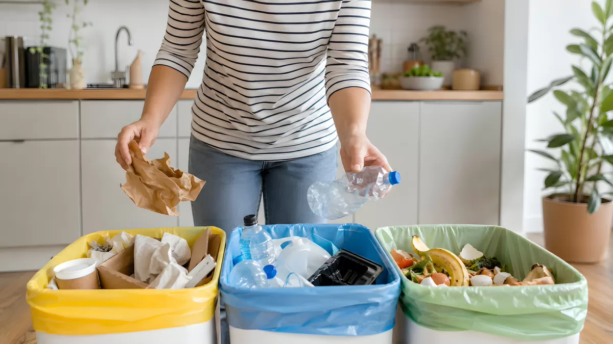 Frau sortiert Müll in drei Recyclingbehälter