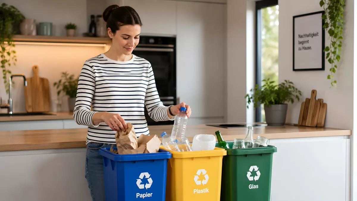 Frau sortiert Müll in Küche nach Papier Plastik Glas