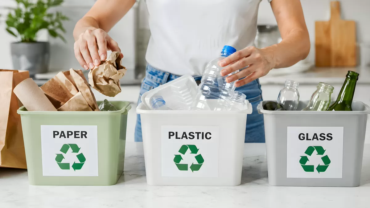 Frau sortiert Müll in Recyclingbehälter für Papier Plastik Glas