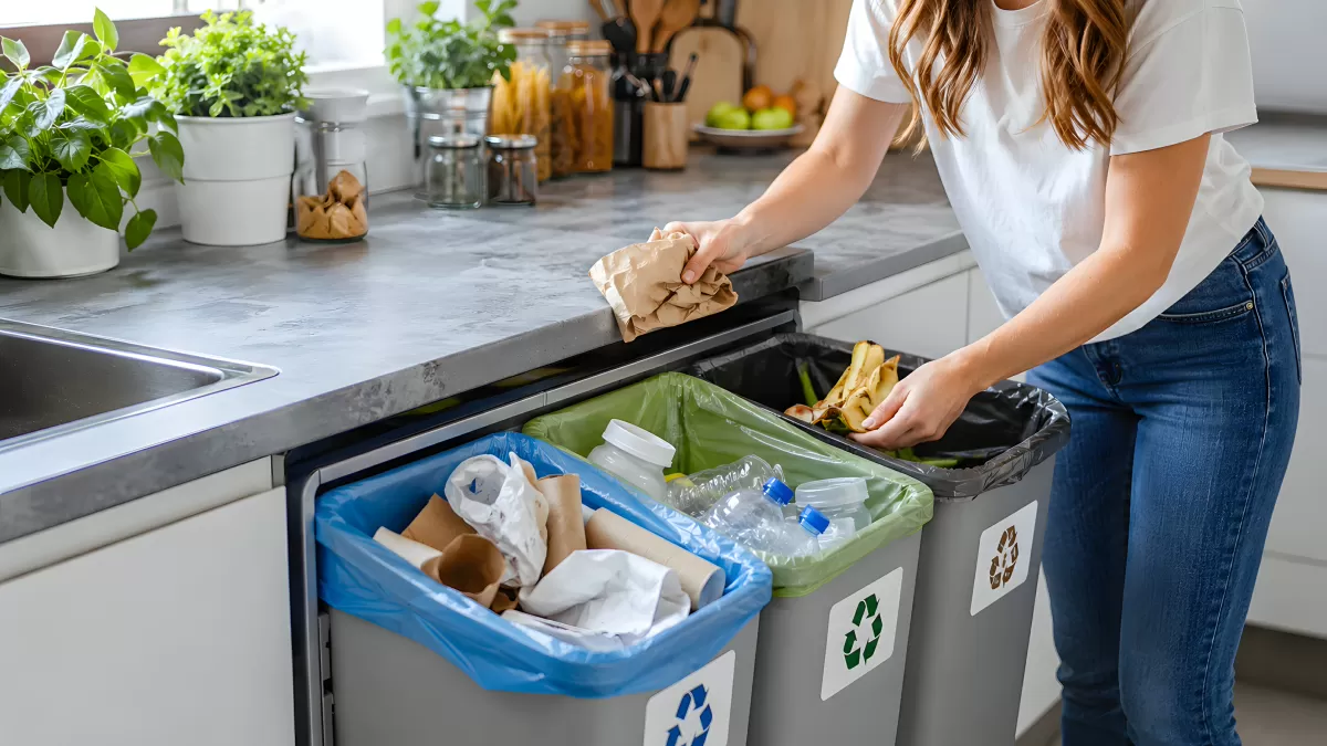 Frau sortiert Müll in Recyclingbehälter in der Küche