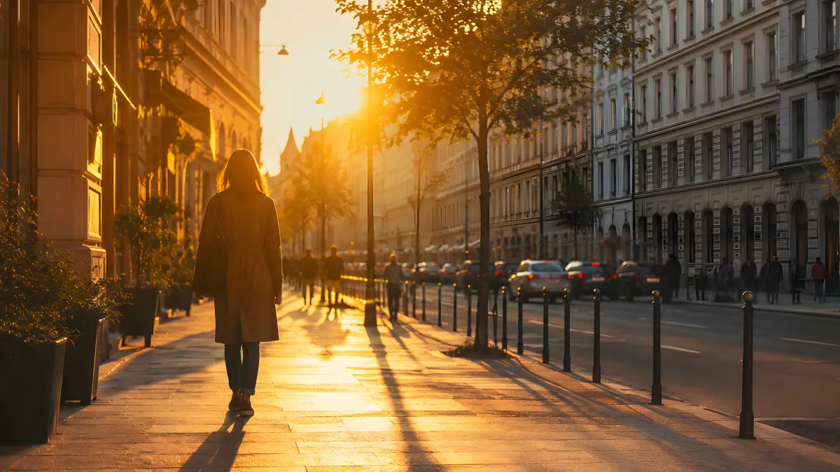 Frau spaziert bei Sonnenuntergang durch Stadtstraße