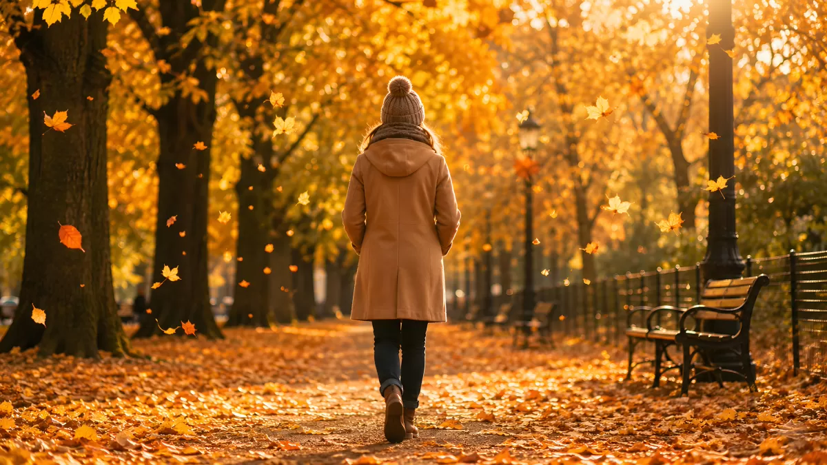 Frau spaziert durch herbstlichen Park mit Laubbäumen
