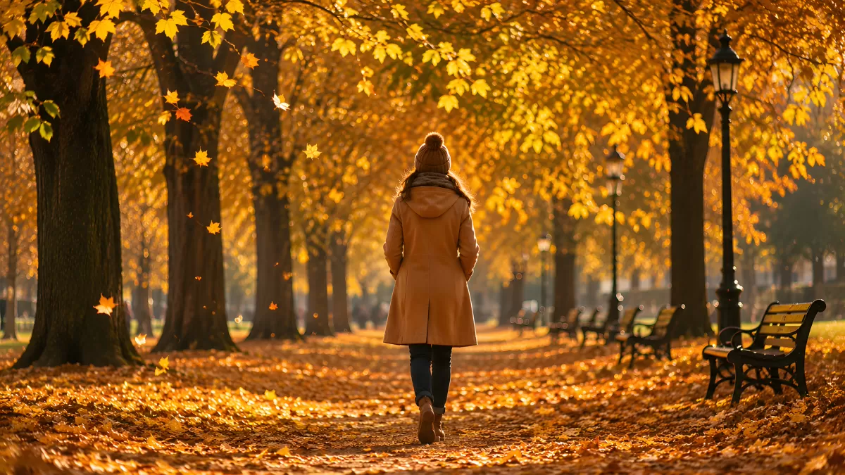 Frau spaziert durch herbstlichen Parkweg mit Laubbäumen