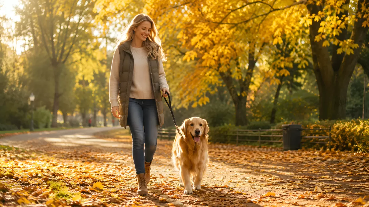 Frau spaziert mit Golden Retriever im Herbstpark