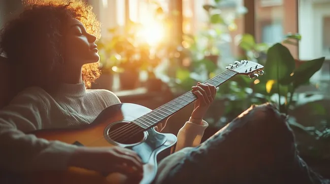 Frau spielt Gitarre in gemütlicher Atmosphäre