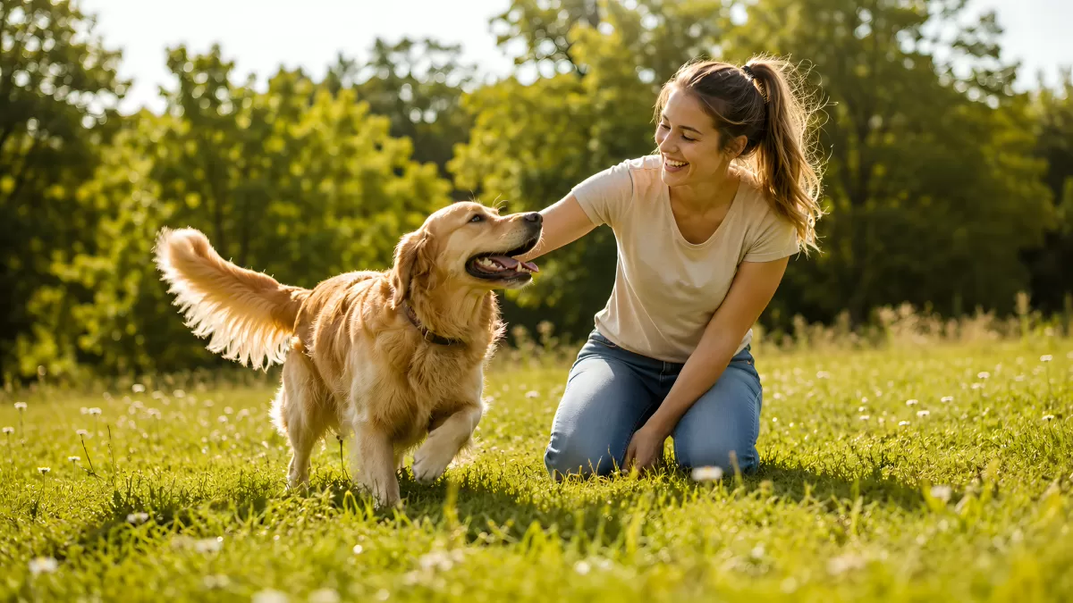 Frau spielt mit Golden Retriever auf Sommerwiese