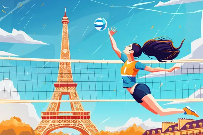 Frau spielt Volleyball vor dem Eiffelturm in Paris