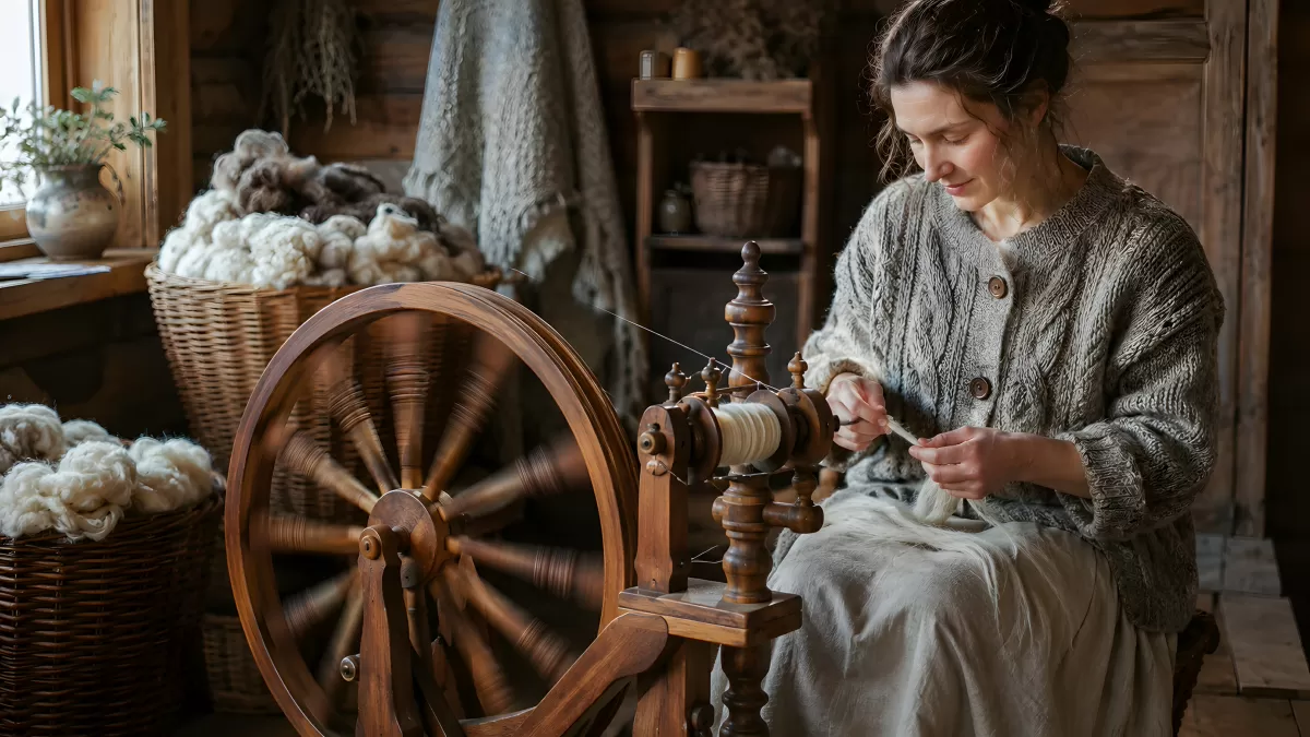 Frau spinnt Wolle an historischem Spinnrad aus Holz