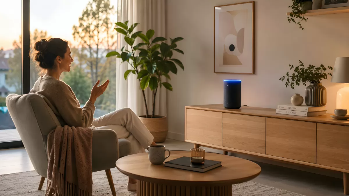 Frau spricht mit Smart Speaker im Wohnzimmer
