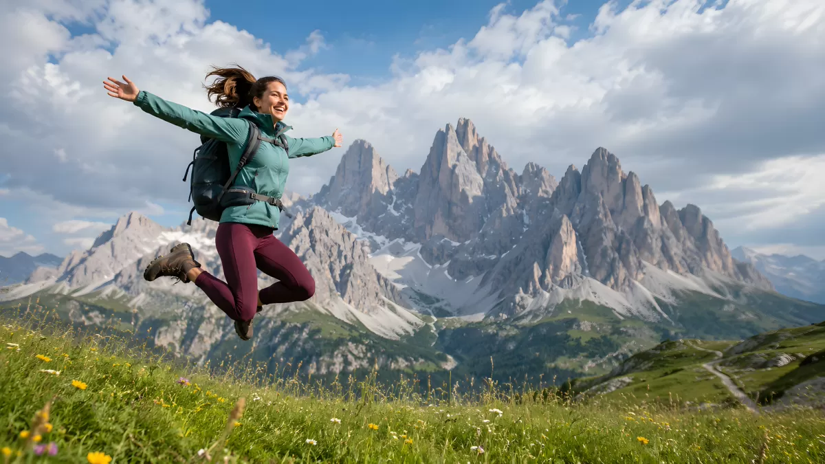 Frau springt jubelnd vor Bergpanorama in den Alpen