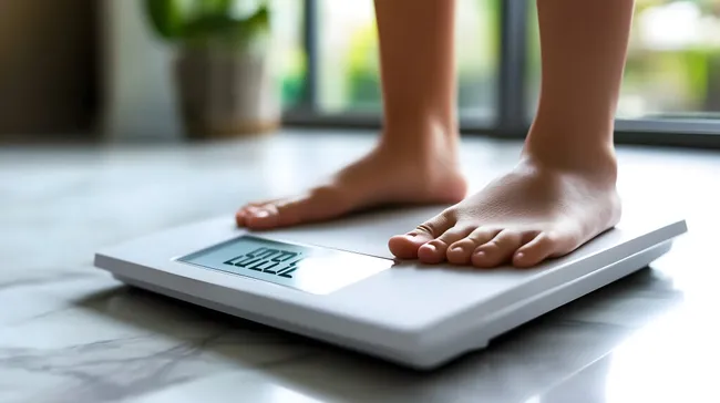 Frau steht auf digitaler Waage für gesunden Lebensstil