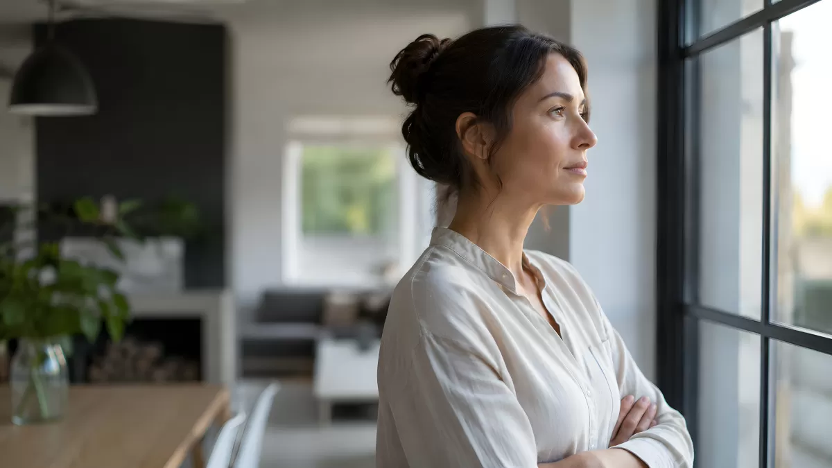 Frau steht nachdenklich am Fenster in modernem Zuhause