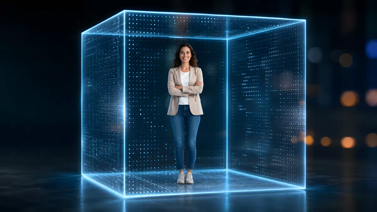 Frau steht selbstbewusst in leuchtendem Hologramm-Würfel