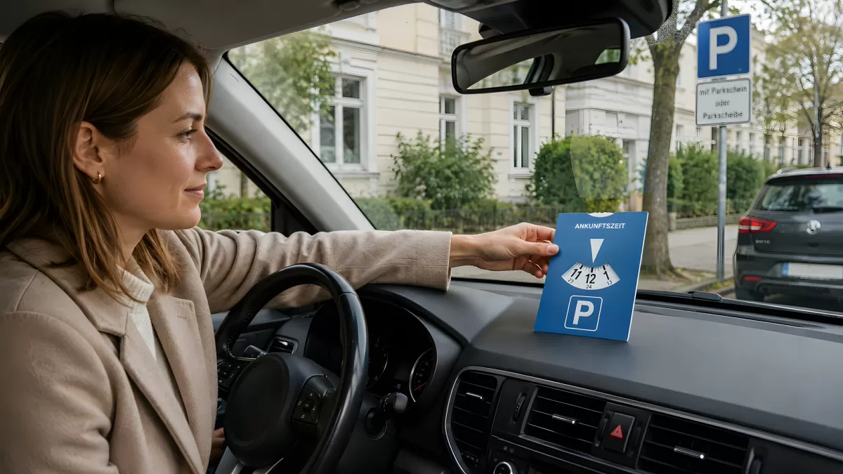 Frau stellt Parkscheibe auf Armaturenbrett ein
