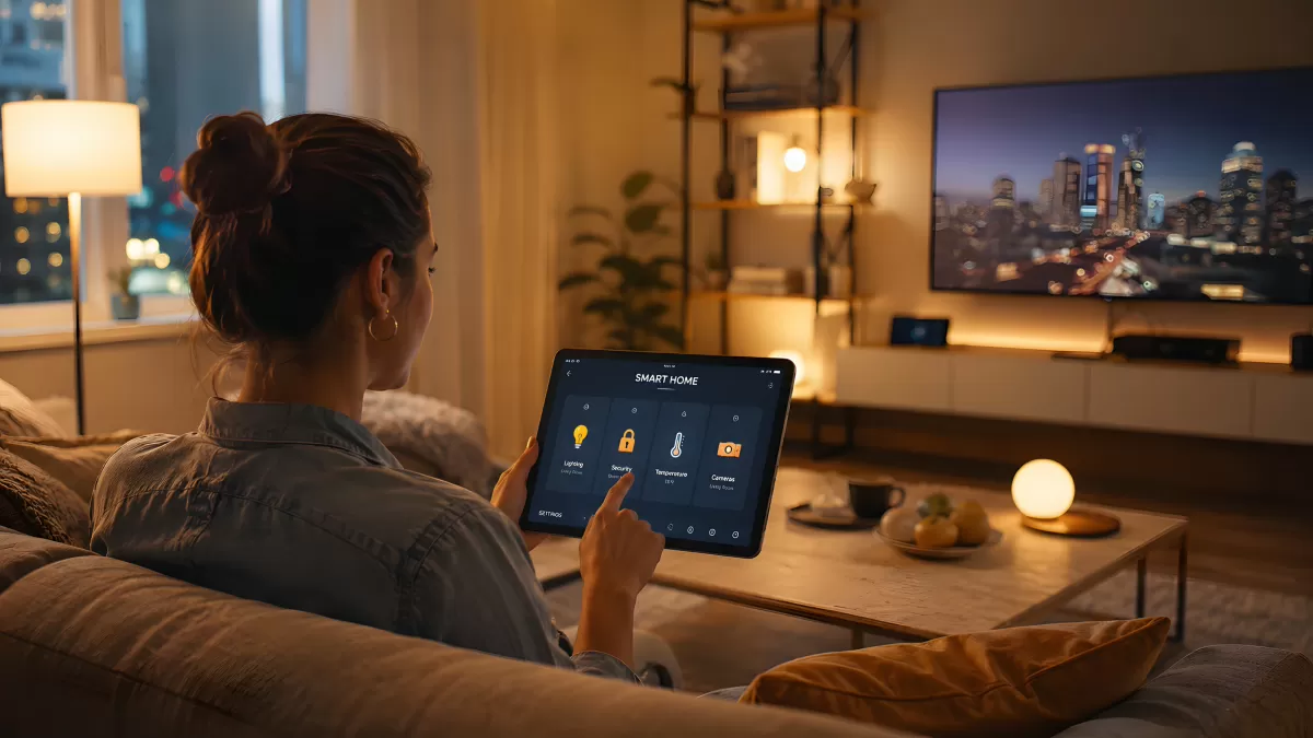 Frau steuert Smart Home per Tablet im Wohnzimmer