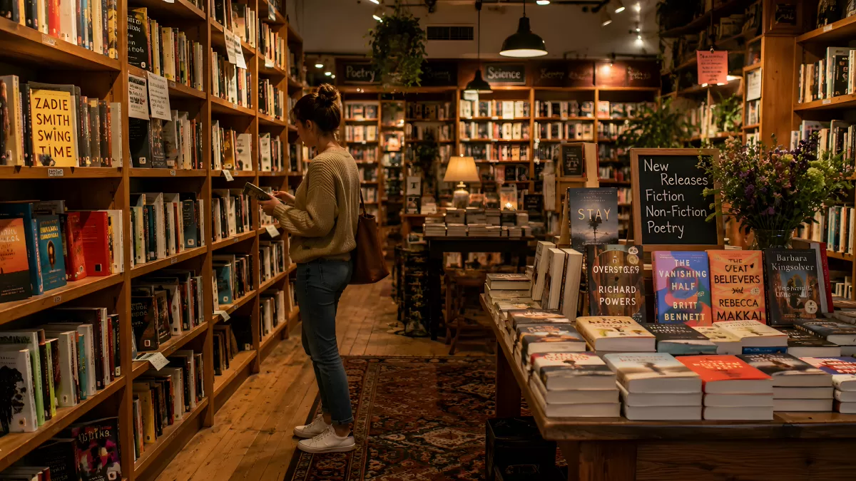 Frau stöbert in gemütlicher Buchhandlung mit Holzregalen